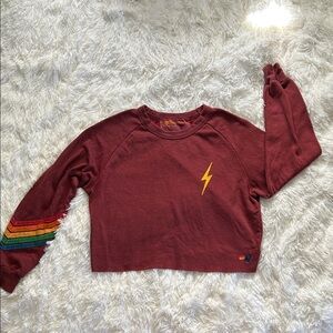 Aviator Nation Burgundy Cropped Sweatshirt with Lightning Bolt